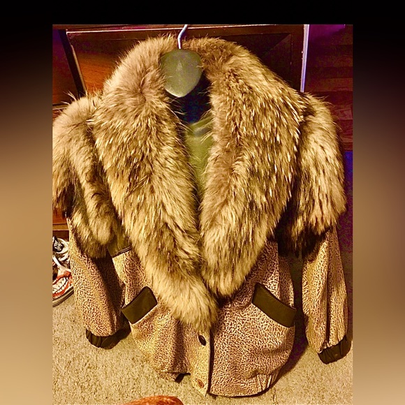J.PERCY for MARVIN RICHARDS CHEETAH PRINT LEATHER  JACKET W/WOLF FUR COLLAR/SZ L - Picture 1 of 14